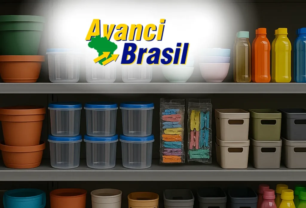 Produtos plásticos organizados em prateleiras na distribuidora de plásticos em Catanduva